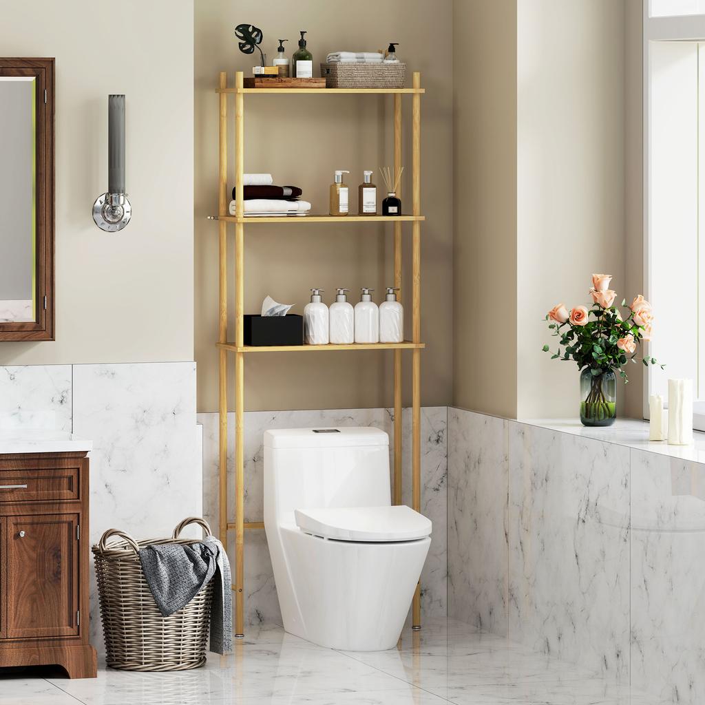 Space-Saving Over-Toilet Cabinet with 3 Slatted Shelves in Bamboo, 63.5x25.5x181 cm, Wood Color