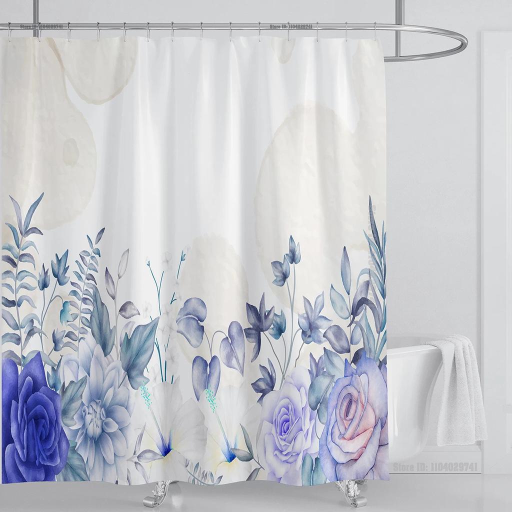 Watercolor Leaves On The Top Plant With Floral Bathroom Greenery Leaf Decoration Watercolor Botanical Shower Curtain With Hooks
