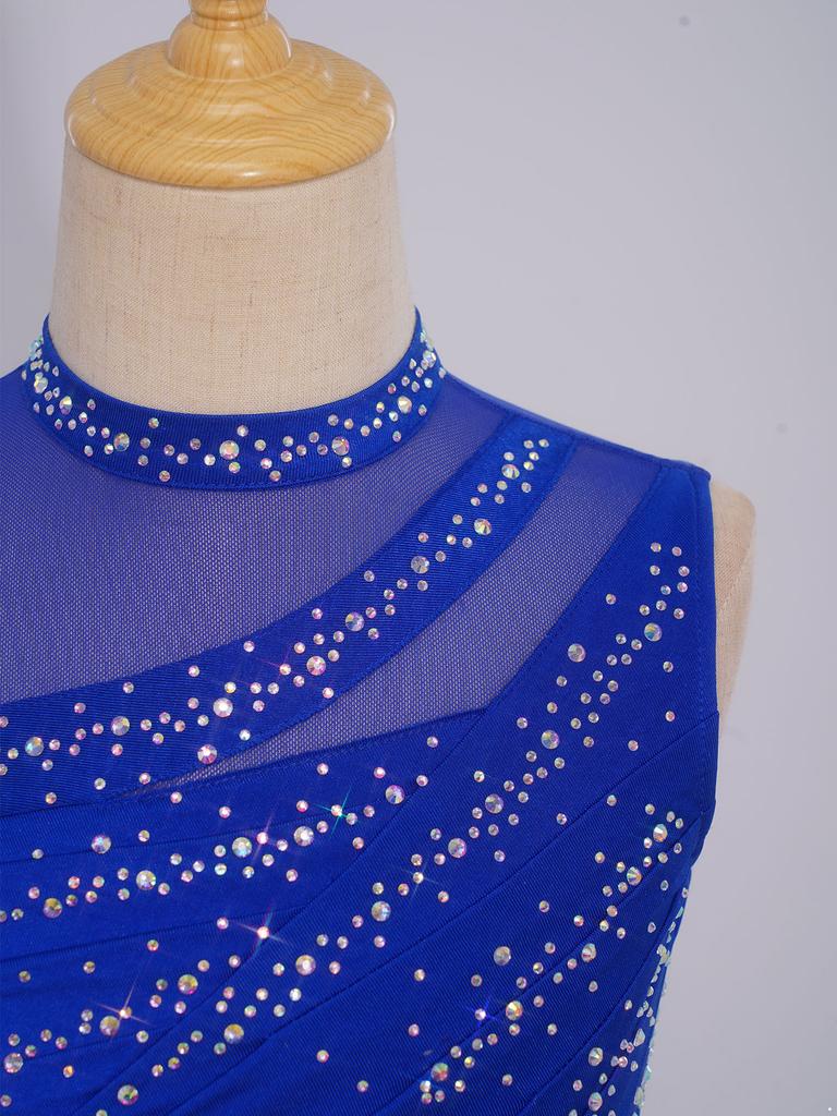 Девочки Сетчатое Пэчворк Без Рукавов Вырез на Спине Складки Асимметричный Подол Блестящий Стразы Платье Для Танцевального Выступления