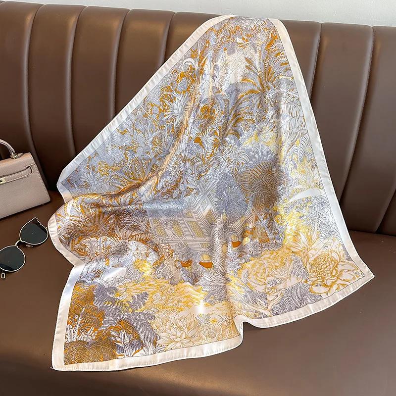 Silk Satin Neck Scarf For Women Fashion Bandana Head Small Hijab Scarves 70cm Square Kerchief Luxury Print Hair Scarf For Ladies