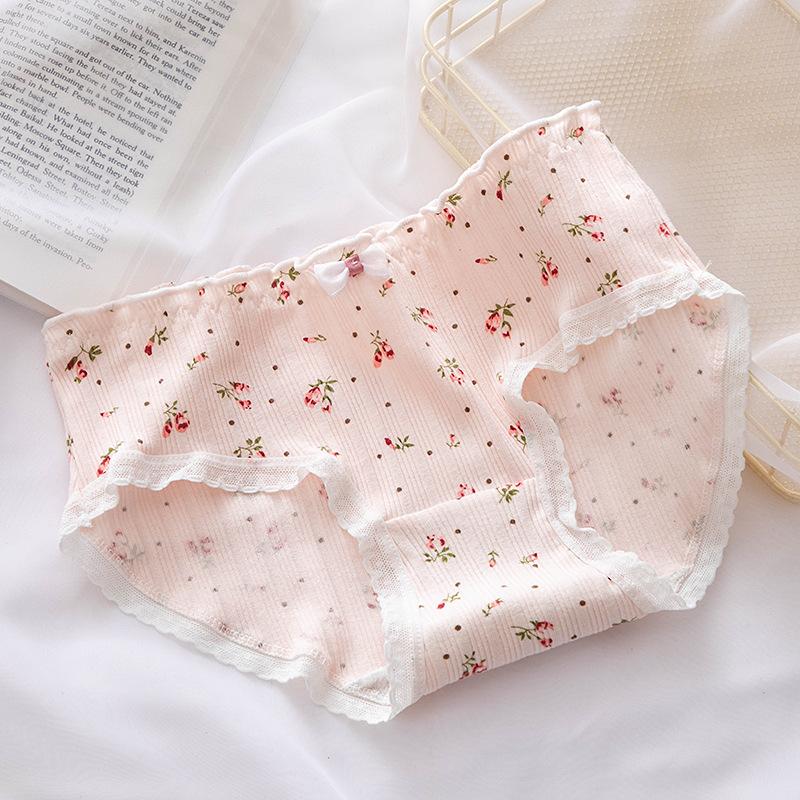 Bow Lace Border Floral Underwear for Women Pure Cotton Waist Bag Buttocks Girls Triangle Pants 6 Random Colors