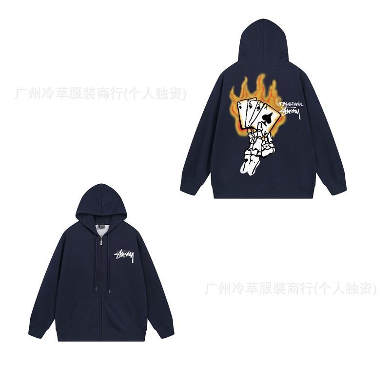Unisex Hooded Zip-Up Fleece-Lined Sweatshirt With Letter Print Loose Fit Cotton Long Sleeve Men Women