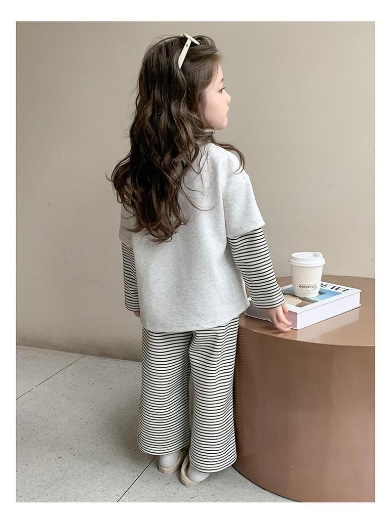 Осень 2025 Комплект для девочек свитшот и спортивные штаны с цветными блоками - Полосатый костюм-двойка с длинным рукавом