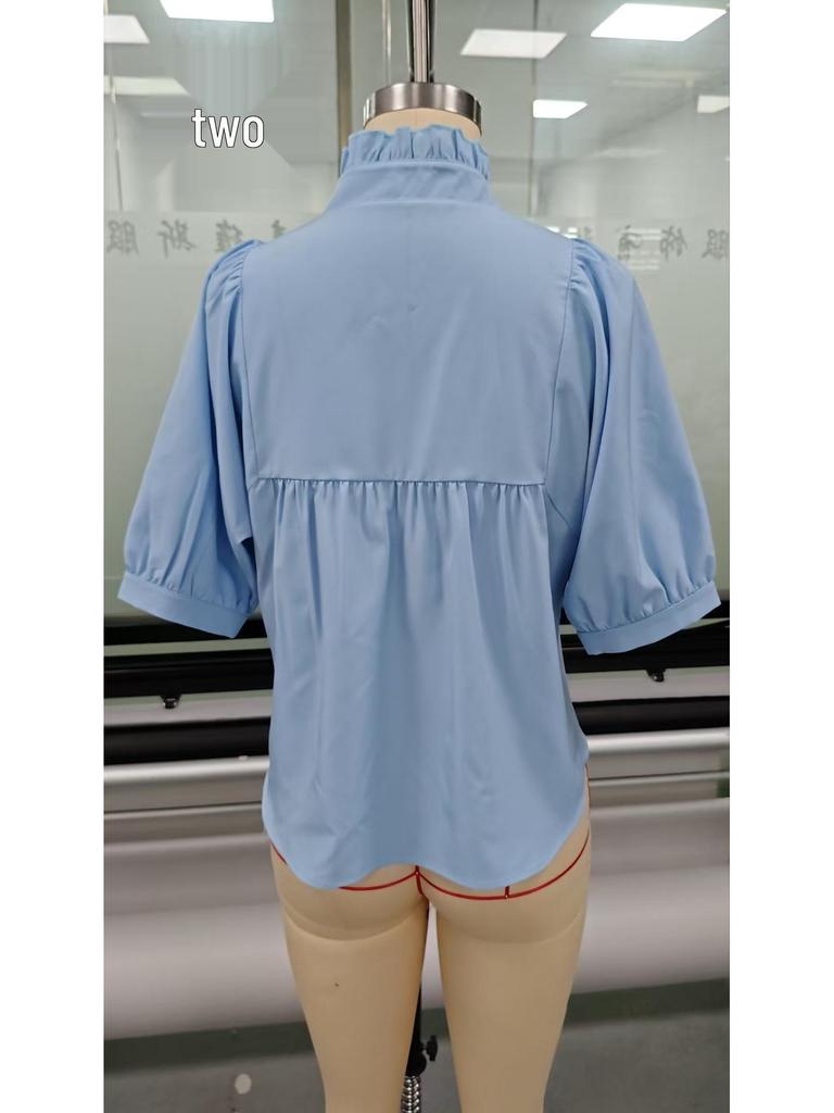 2025 Женская блузка с V-образным вырезом, свободным рукавом-фонариком, однотонная, повседневная, плиссированная - Европейский и американский стиль для работы