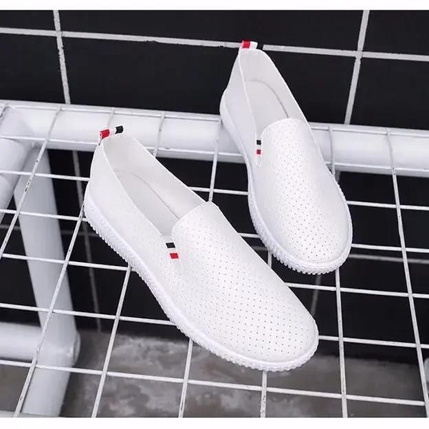 Белые женские лоферы на плоской подошве с вырезами, кожаные туфли без шнуровки, повседневная обувь на низком каблуке, эспадрильи, женская обувь, женские кроссовки