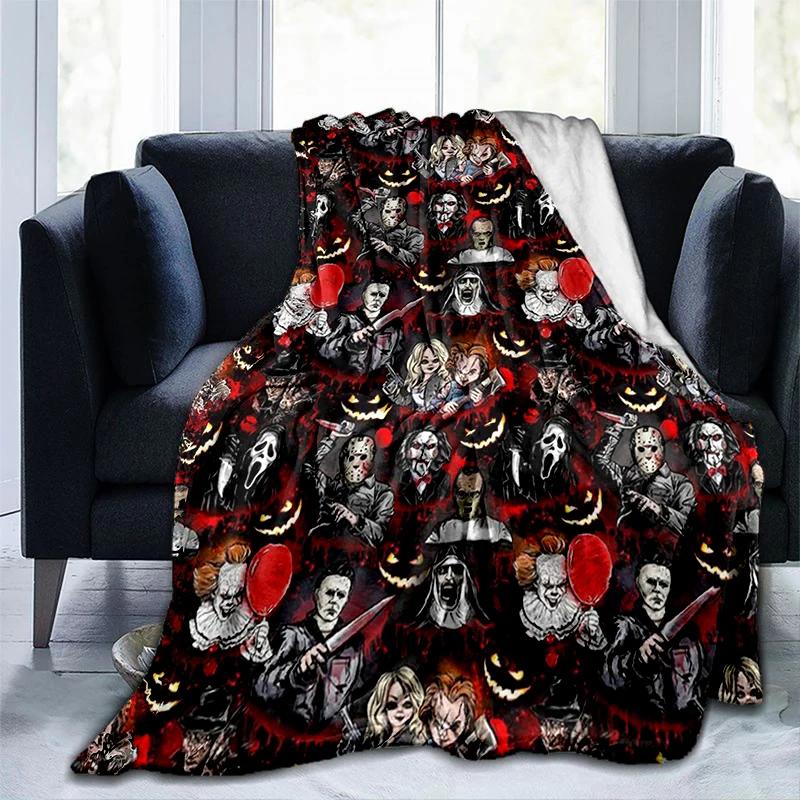 Halloween Pumpkin&horror Ghost Printed Blanket, Fashionable Warm Flannel Blanket, Sofa Bed Cover Blanket, Halloween Gift