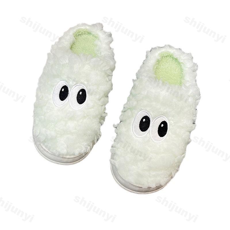 Модные хлопковые тапочки для женщин Новые 2024 Осень Зима Домашние Нескользящие Домашние Теплые Домашние Слайды Женские Милые Плюшевые Тапочки с Мехом с Большими Глазами