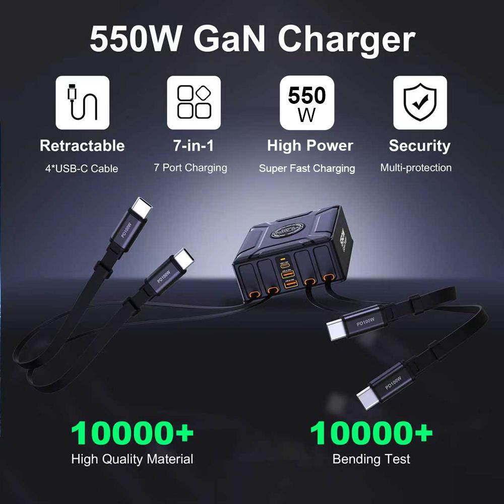 7-в-1 Зарядная станция 550 Вт с выдвижным USB C кабелем 100 Вт Быстрое зарядное устройство GaN для MacBook Pro iPhone 17 Samsung Ноутбука Планшета