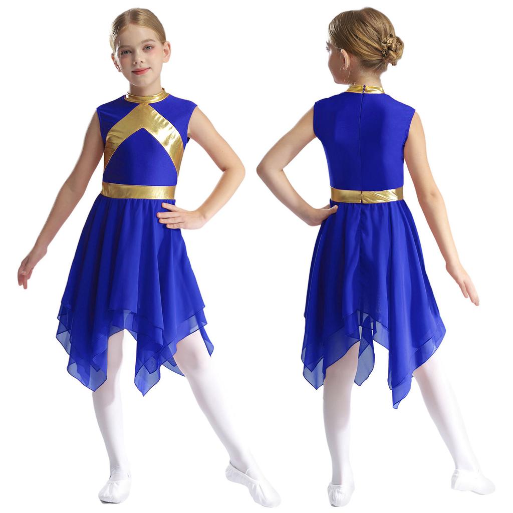 Детское платье для хвалы, металлический контрастный цвет, пэчворк, без рукавов, асимметричный подол, литургический костюм