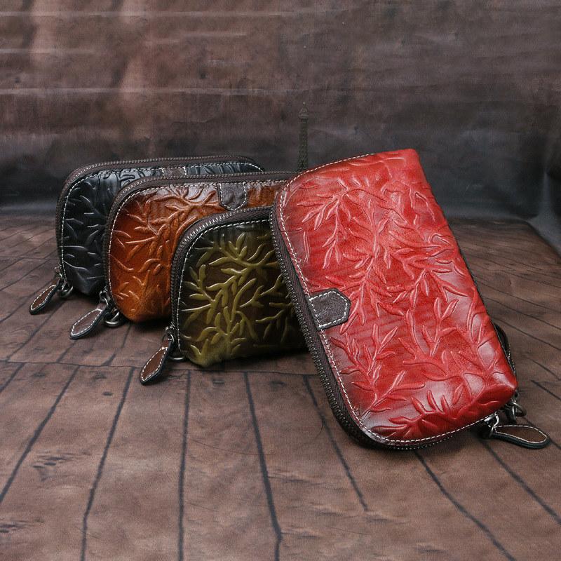 Женская сумка-клатч с тиснением в виде корня, длинные кошельки из натуральной кожи, винтажный дизайн, дамский кошелек на молнии