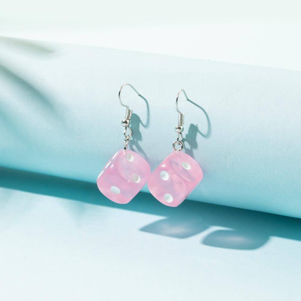 Stylish Pink Resin Earrings Set With White Cloud Duck And Dice Design For Women