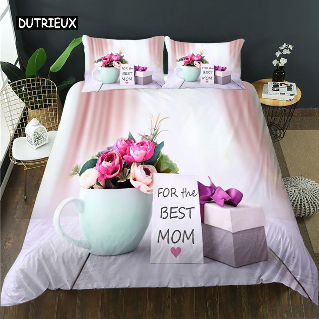 Mother's Day King Queen Duvet Cover Express Love for Mom Wife Bedding Set Colorful Floral Quilt Cover Polyester Comforter Cover