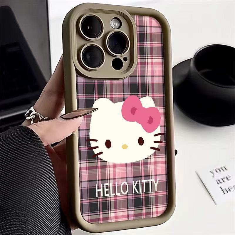 Клетчатый чехол для iPhone 17/15 Pro Max с кошкой KT 14 Apple 13 полноразмерный 11 популярный XS/XR 16 Япония и Южная Корея