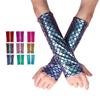 Mermaid Costume Fish Scale Pattern Printed Fingerless Long Gloves Arm Sleeves Adult Halloween Dance Club Party Cosplay Accessory