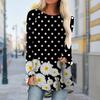 Plus Size Women Autumn Polka Dot Flower Printed Comfy Long Sleeve Round Collar T-shirt Casual Baggy Mid Length Tee Tops