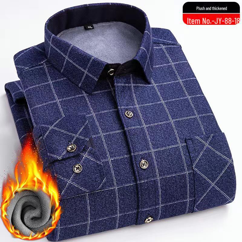 Men's Elastic Non-Iron Plaid Shirt - Warm, Thickened, Long-Sleeved for Casual or Business Wear In Autumn and Winter.