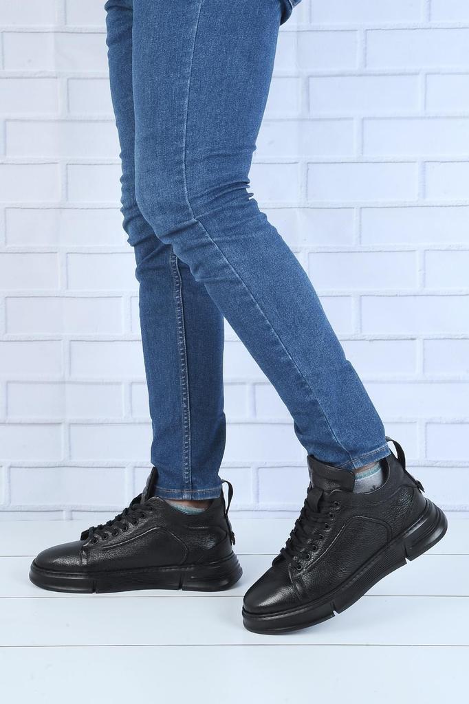 Men's Fashion Flat Heeled Booties Mr Black 100% Leather Winter Boots Shoes