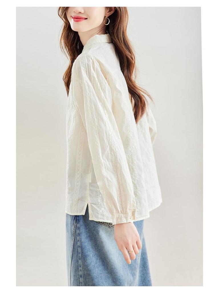 Women's Apricot Embroidered Long-Sleeve Cotton Shirt