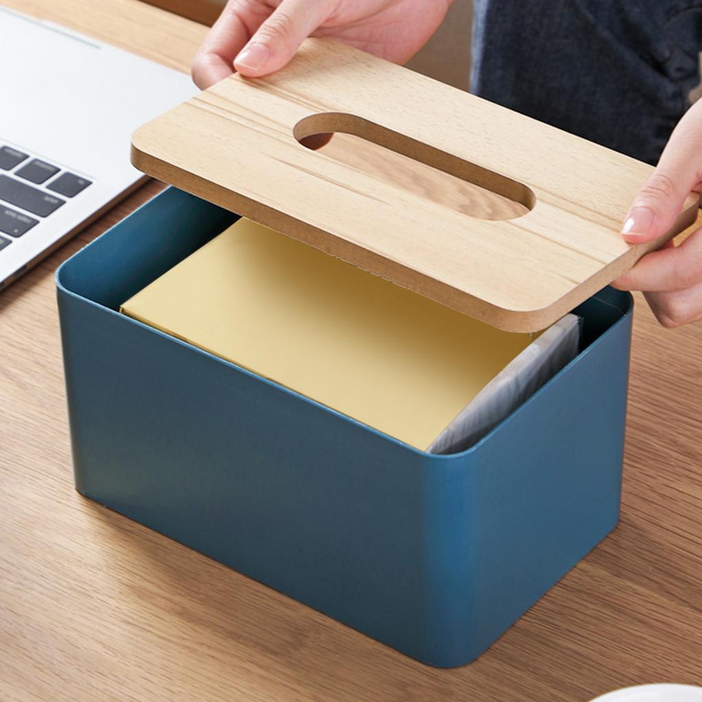 Desktop Tissue Box Rectangular Plastic Tissue Organizer Box Cover with Wooden Lid for Home Blue