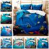 Queen & King Size 3D Undersea World Whale Shark Printed Down Quilt Cover & Pillow Cover Bedding Set with Blue Background