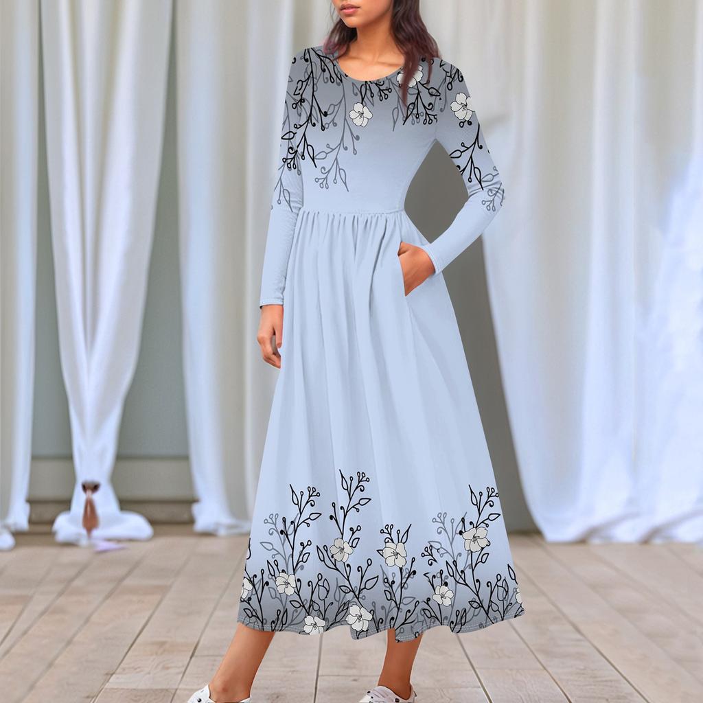 Женское платье миди в стиле бохо с цветочным принтом, повседневное, с длинным рукавом, струящиеся платья со сборками и карманом, лето и весна