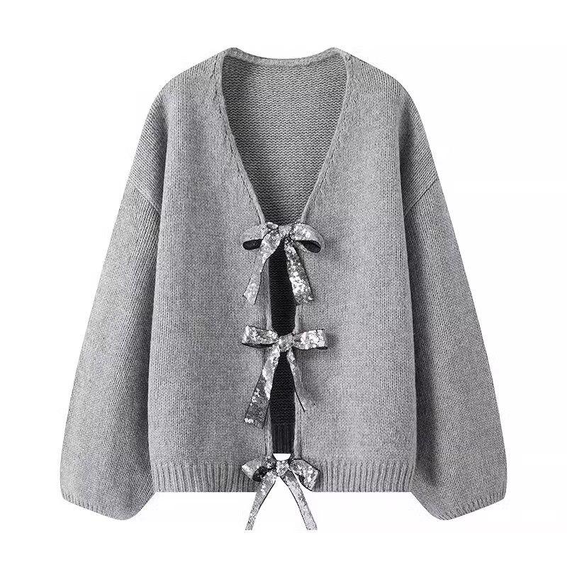 Araltay Fashion Style Women's Clothing French Style New Arrival Fashionable Sequins Bowknot Decoration Loose Knitting Sweater Cardigan