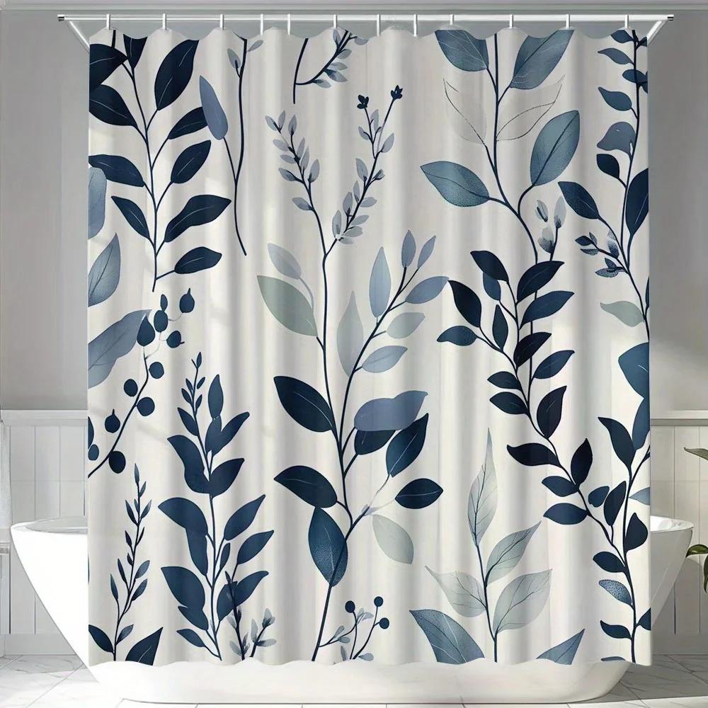 Elegant Blue and White Leaf Pattern Waterproof Shower Curtain – Ideal for Adding a Fresh and Stylish Touch to Your BathroomDec