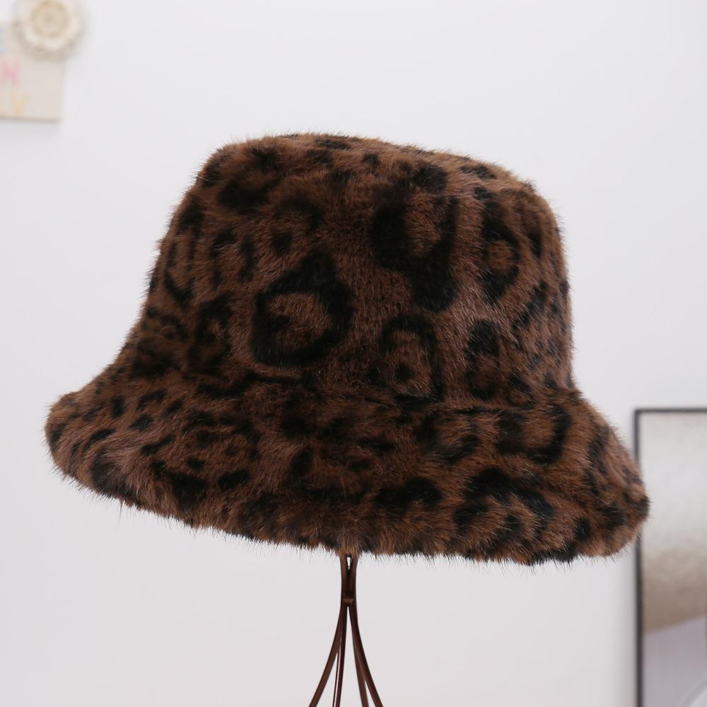 Autumn and winter plush winter hat thickened warm washbasin hat fashionable versatile ear protector leopard print bucket hat