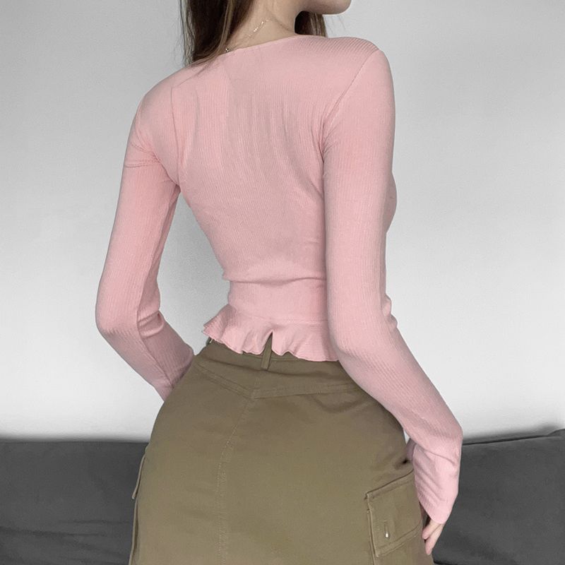 Розовый топ с длинными рукавами Y2k, женский сексуальный кружевной лоскутный бандаж с квадратным воротником, тонкая футболка, эстетический укороченный топ для кокетк...