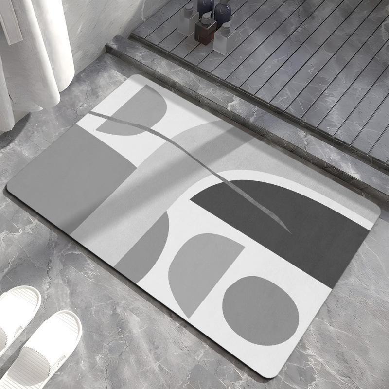 Коврик для ванной комнаты с геометрическим узором серого цвета — нескользящий, устойчивый к грязи и износу, простой в уходе. Идеально подходит для входов в скандинавском стиле.