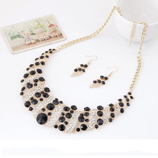 Women Rhinestone Spiral Bib Necklace Hook Earrings Statement Party Jewelry Set