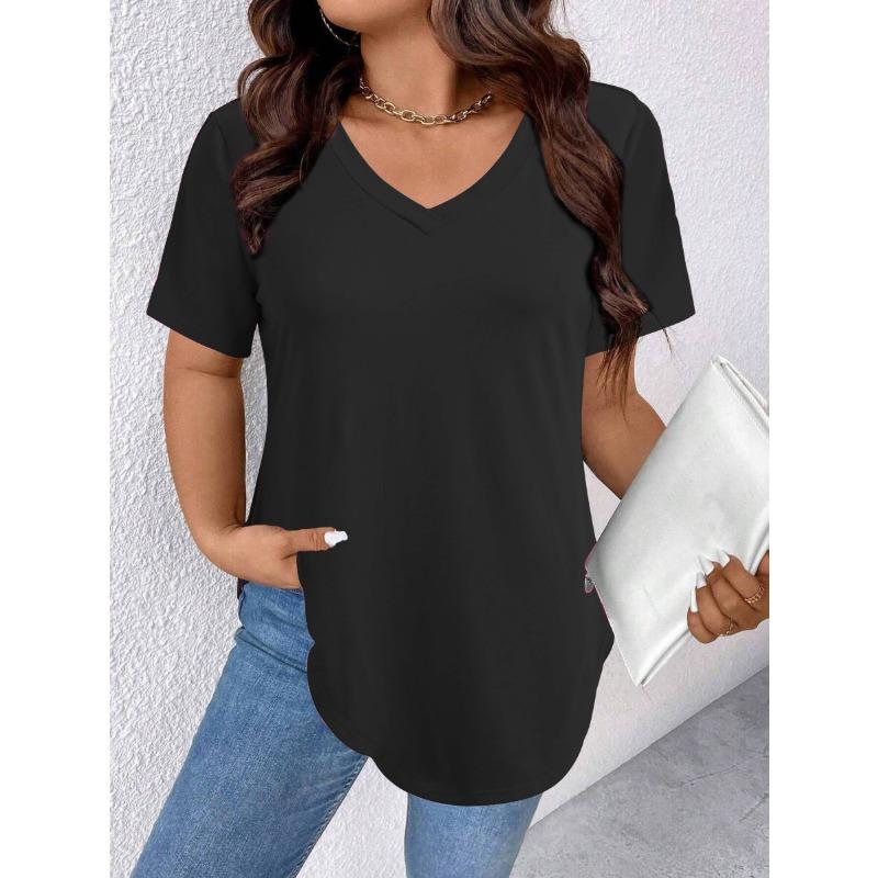 Летняя однотонная свободная футболка с короткими рукавами и V-образным вырезом, трикотажная футболка большого размера с короткими рукавами для женщин