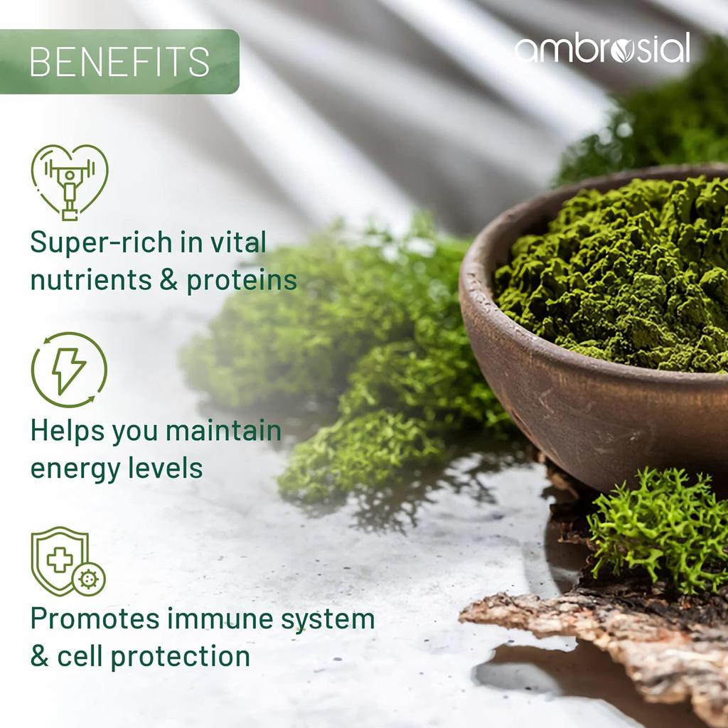 Капсулы Ambrosial Spirulina | Высокая дозировка - 500 мг | Сертифицированные таблетки спирулины | Без добавок и 100% веганский продукт (Упаковка 1-60 капсул)