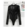 Women's Lace Sheer V Neck Long Sleeve T Shirts Tops Bodysuit Jumpsuit Bodycon Rompers Fall Clothes Clubwear Bodysuits