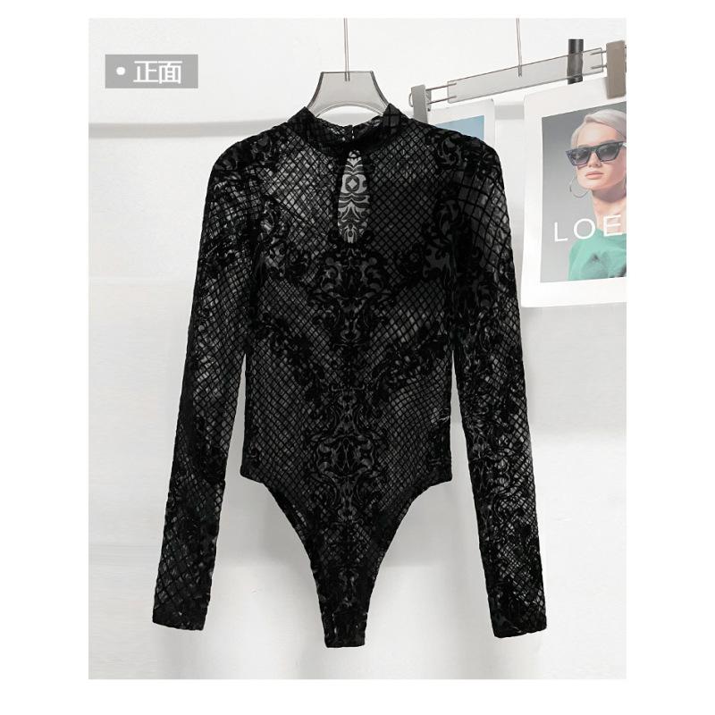 Women's Lace Sheer V Neck Long Sleeve T Shirts Tops Bodysuit Jumpsuit Bodycon Rompers Fall Clothes Clubwear Bodysuits
