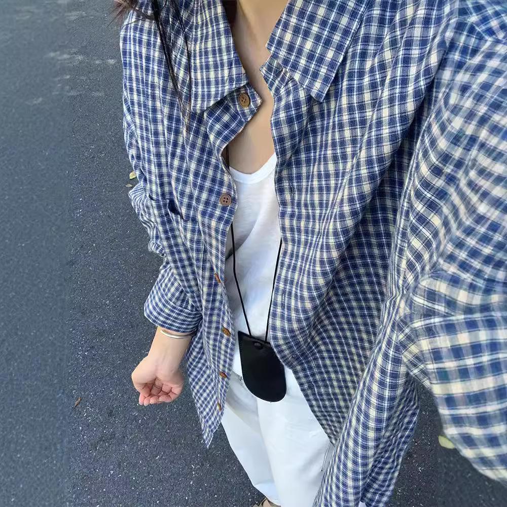 Женская синяя клетчатая рубашка-куртка - корейский осенний стиль, свободный повседневный кардиган-топ