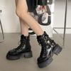 Мода 2024 года, новые готические ботильоны на платформе, женские модные панк-сапоги с пряжкой, молнией, заклепками, женские модные короткие сапоги с металлической цепочкой