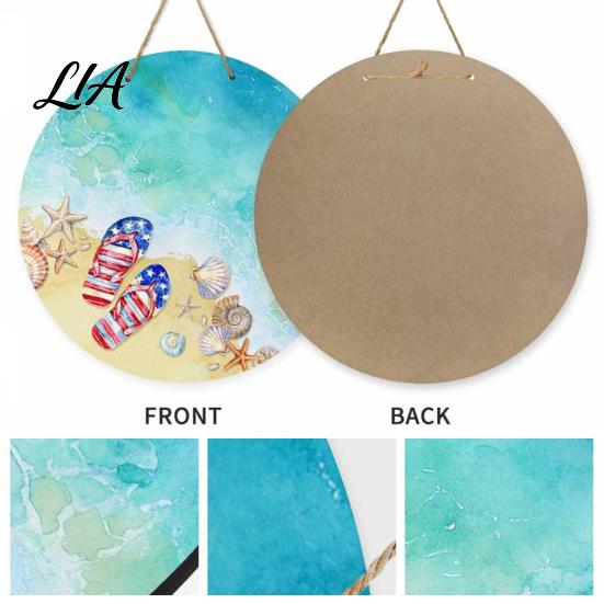 Flip Flop Welcome Sign Round Wooden Door Hanger, Watercolor Beach Sign, Hello Sunshine Indoor Outdoor Wall Hanger Please Plaque for Summer Porch Decor