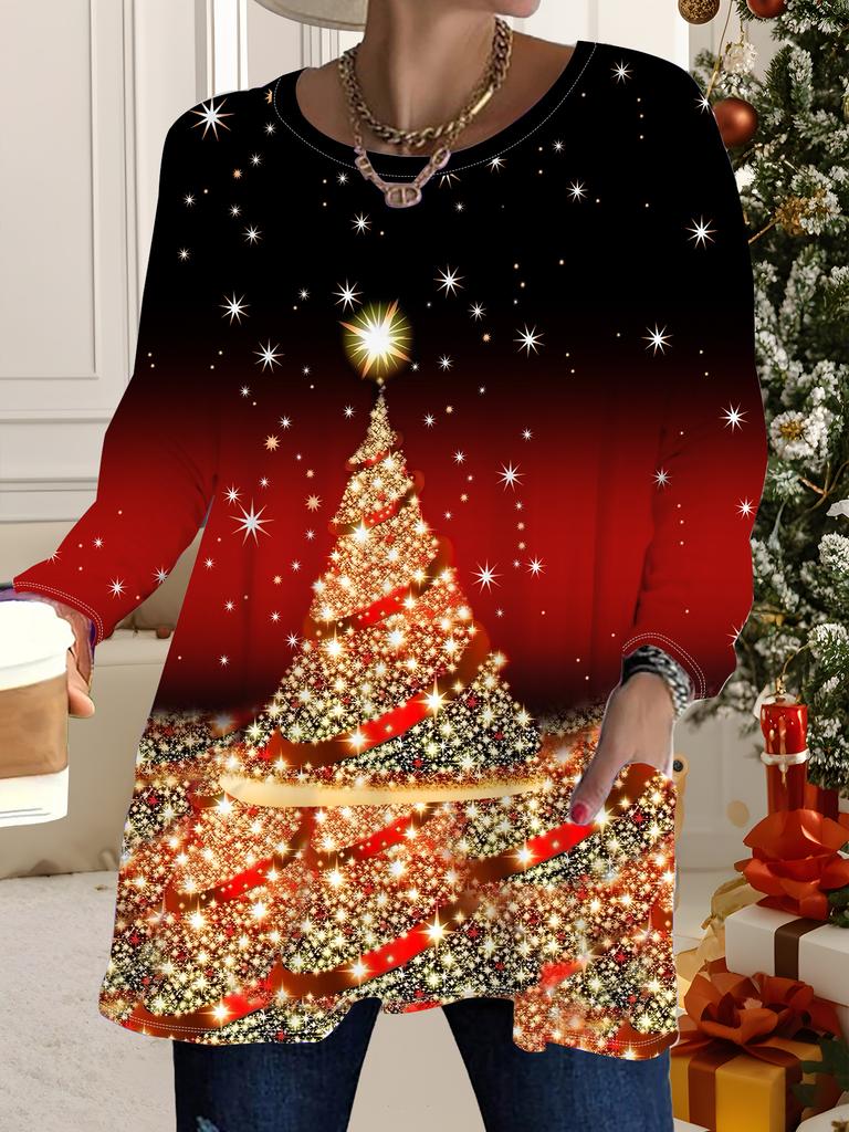 2025 Autumn Winter New Plus Size Women's Tops, Christmas 3D Print Fashion Crew Neck Long Sleeve T-Shirts