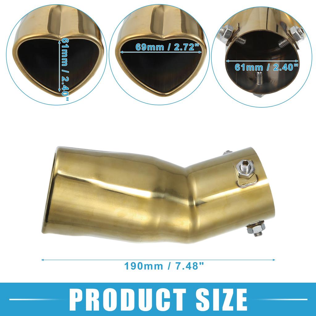 ABSOPRO Car Curved Exhaust Tip 61mm 69x61mm 190mm Muffler Stainless Gold Tone Heart-Shaped Tailpipe, Inlet, Outlet, Length, Bolt-On Tip, Steel,