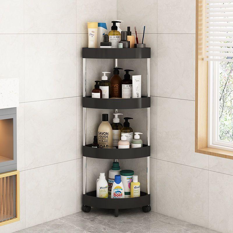 Corner Shelf Plastic Kitchen Bathroom Triangle 3/4 Tier Storage Rack Rolling Cart with Wheels Slide Out Floor Shelves