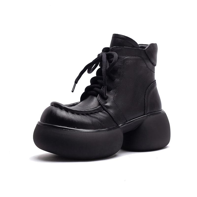 Johnature Натуральная кожа Британский стиль Ретро Толстая подошва Плюшевые Короткие ботинки Универсальная женская обувь на платформе