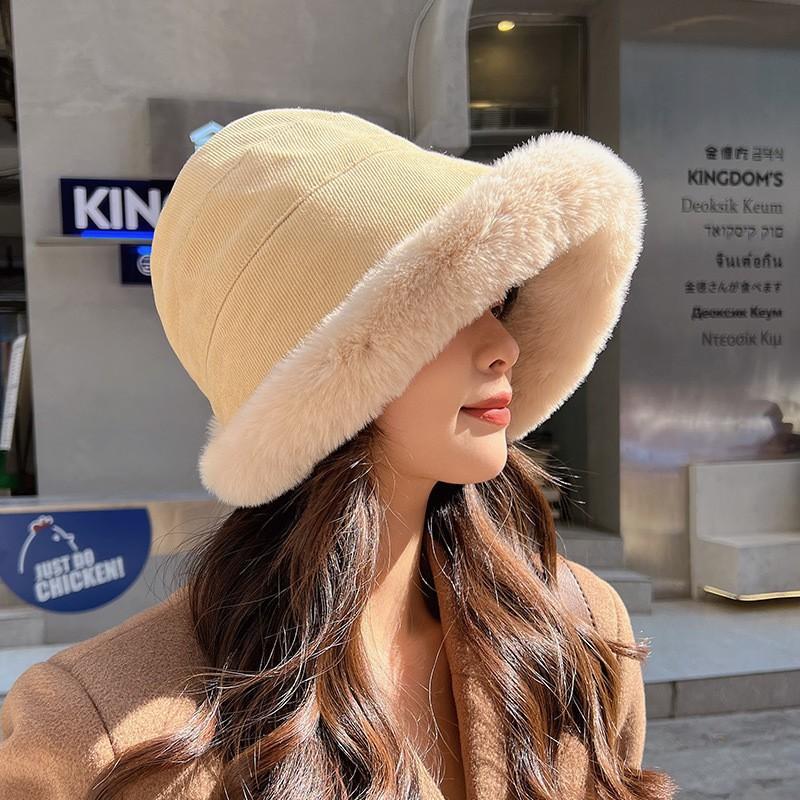 Winter plush hat women's plush thickened lamb wool bucket hat warm ear protection cold basin hat Mongolia hat