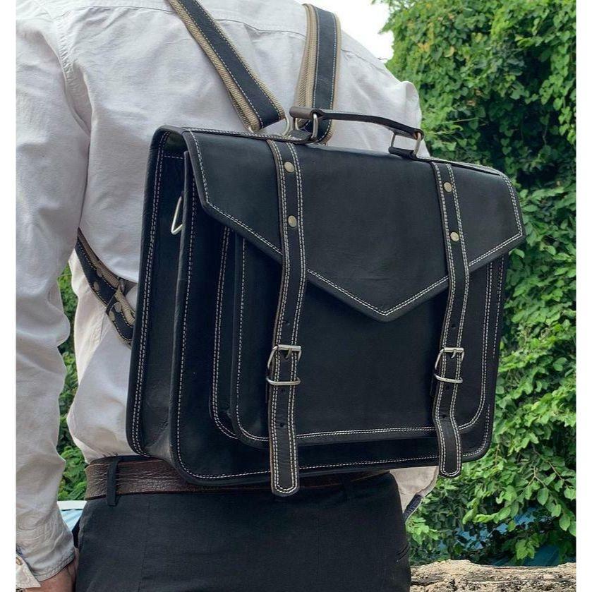 Vintage Black Leather Messenger Satchel Briefcase Shoulder Office Bag Backpack