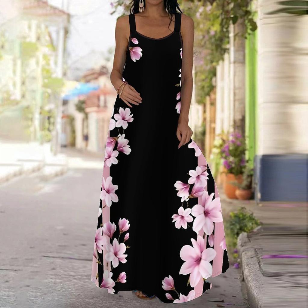 Women's Slip Dress Maxi Long Dress Ink Flower Painting Print Dress Spring & Summer Leisure Vacation