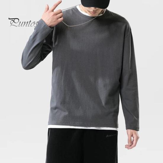 Мужская рубашка с круглым вырезом и длинным рукавом, мягкая дышащая футболка, однотонная, свободный крой, весна-лето, повседневные топы