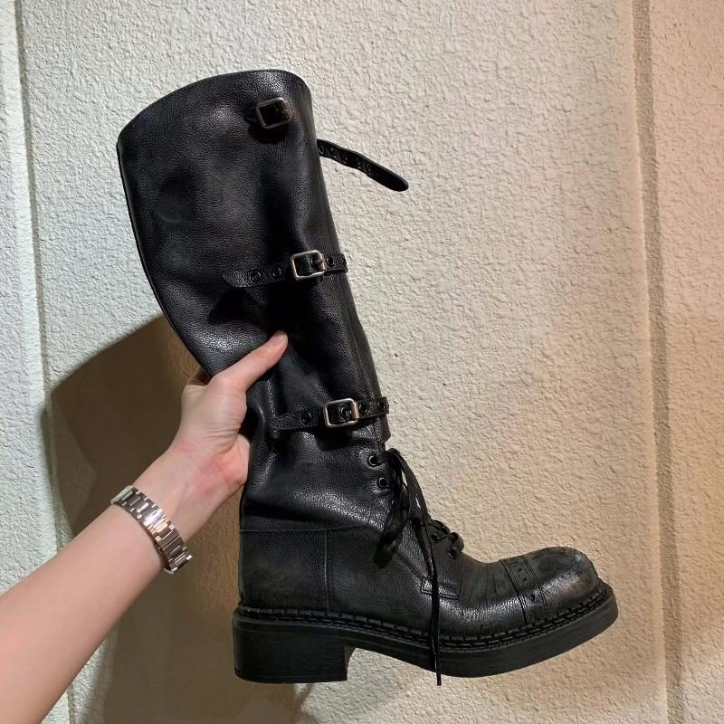 Женские ботинки на толстой подошве, высокие сапоги и женская обувь с пряжками, ретро сапоги на толстом каблуке