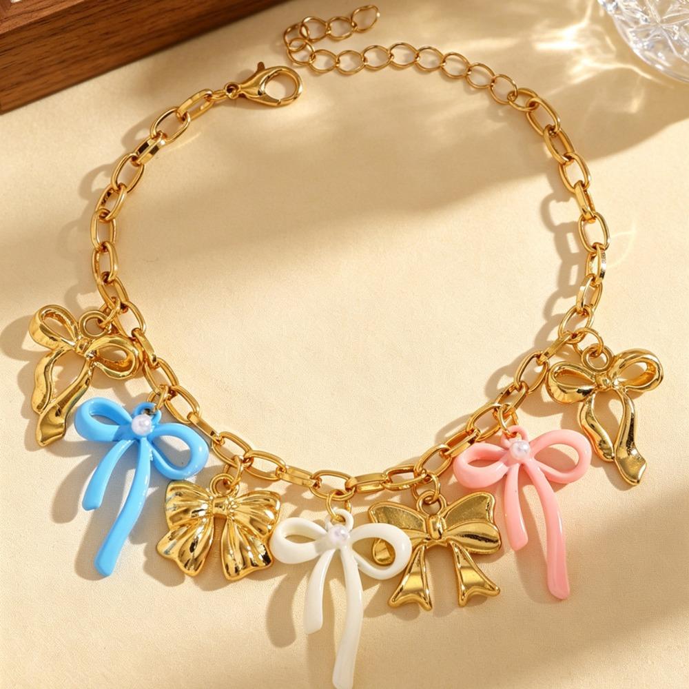 Summer Fashion Dopamine Colorful Drip Oil Bow Pendant Necklace Bracelet Anklet Set for Women Sweet Girl Vacation Jewelry Sets