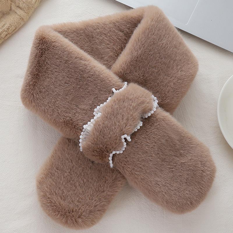 Pearl Scarf Women'S Winter Plush Scarf Rex Rabbit Hair Korean Version Warm Scarf Cross Versatile Girl Scarf