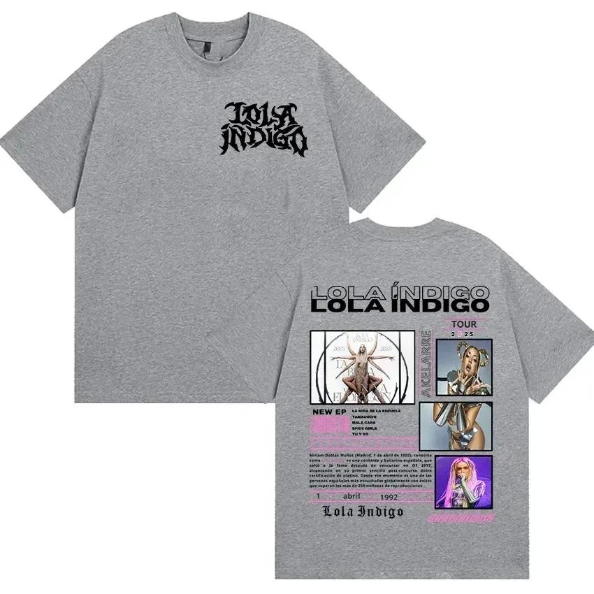 Lola Indigo 2026 Тур Двусторонняя Оверсайз Футболка_ Готическая Типографика Логотип Бренда на Передней и Задней Панелях с Этикеткой Тур 2026